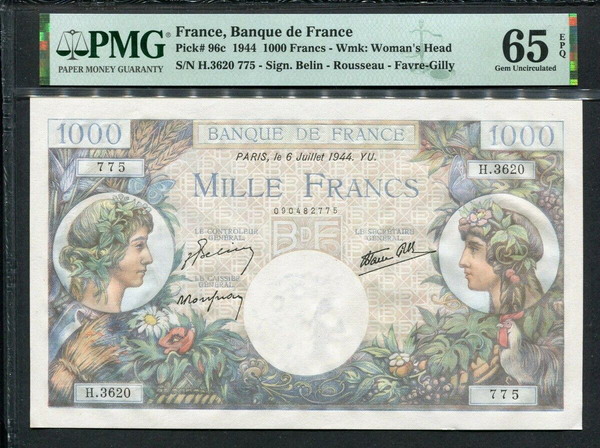 프랑스 France 1944, 1000 Francs, P96c,PMG 65 EPQ GEM UNC 완전미사용